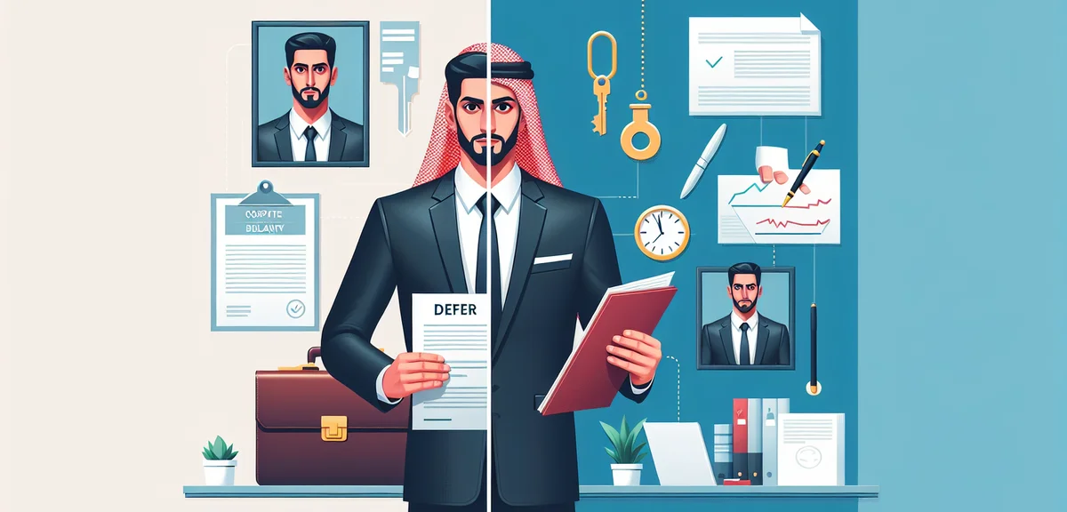 A split illustration showing a person in business suit on one side and same person reviewing legal d