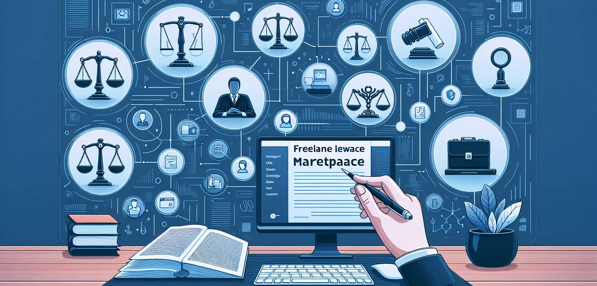 A digital marketplace interface showing various freelance legal service listings, icons for differen