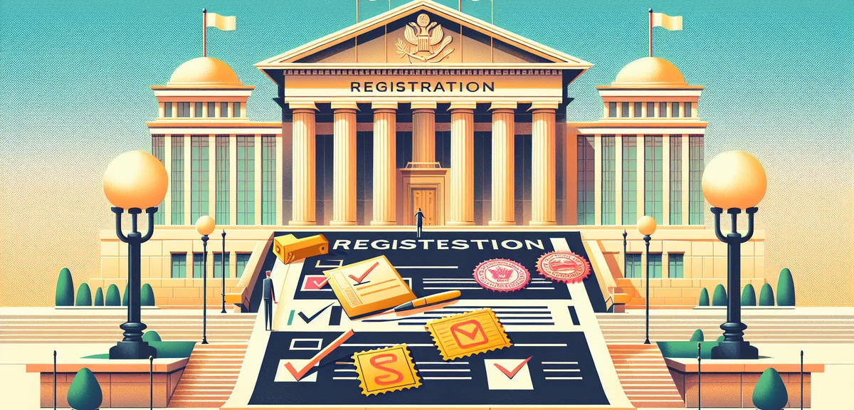 A checklist illustration with registration steps and official stamps, government building in backgro