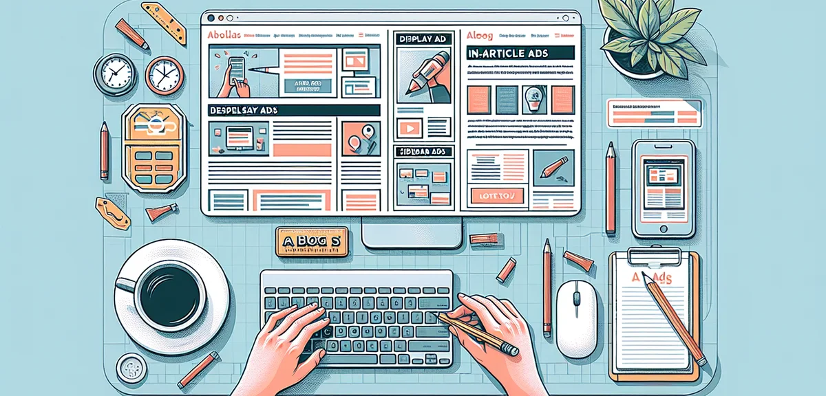 A comparison of different ad formats on a blog page, display ads, in-article ads, and sidebar ads, c