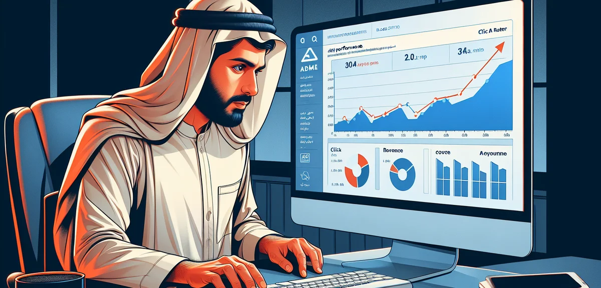 A person analyzing ad performance metrics on a dashboard screen, click rate and revenue graphs, focu
