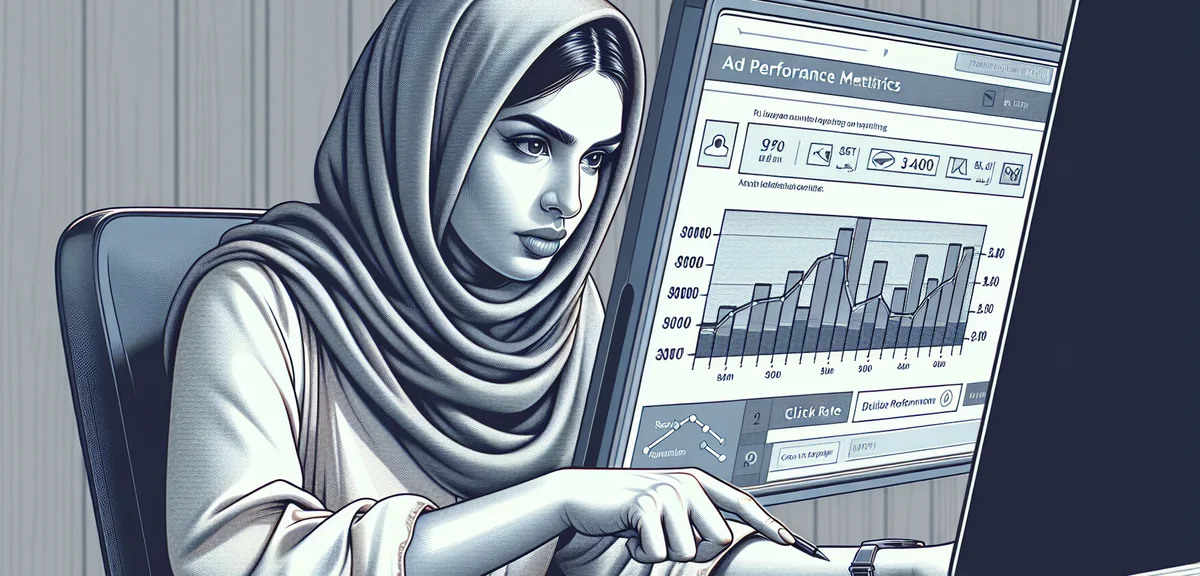 A person analyzing ad performance metrics on a dashboard screen, click rate and revenue graphs, focu