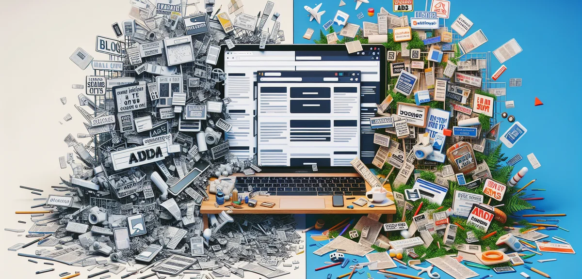 A split screen showing a cluttered blog with too many ads versus a clean blog with strategic ad plac