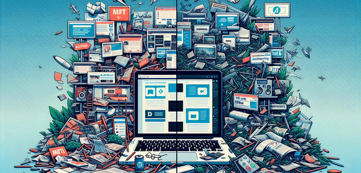 A split screen showing a cluttered blog with too many ads versus a clean blog with strategic ad plac