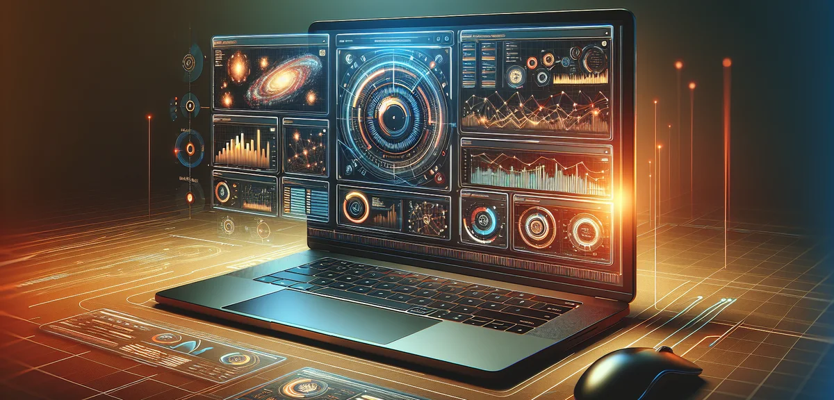 A laptop screen showing multiple ad network dashboards side by side, clean modern illustration, warm