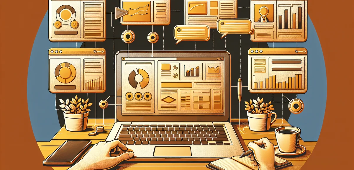 A laptop screen showing multiple ad network dashboards side by side, clean modern illustration, warm