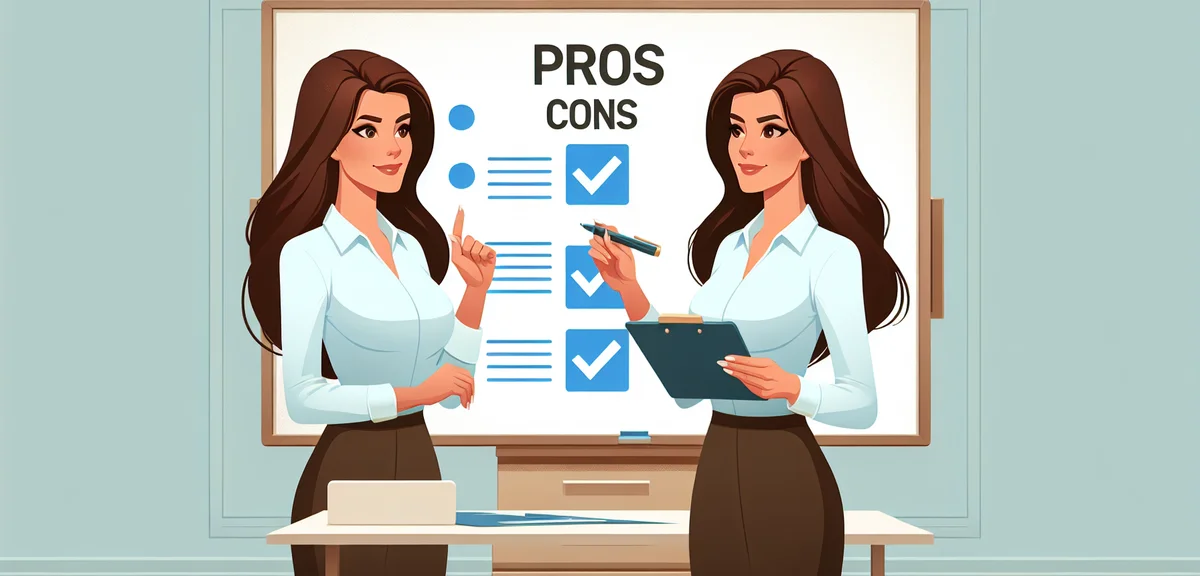 A person comparing options on a whiteboard with pros and cons lists, office setting, flat illustrati
