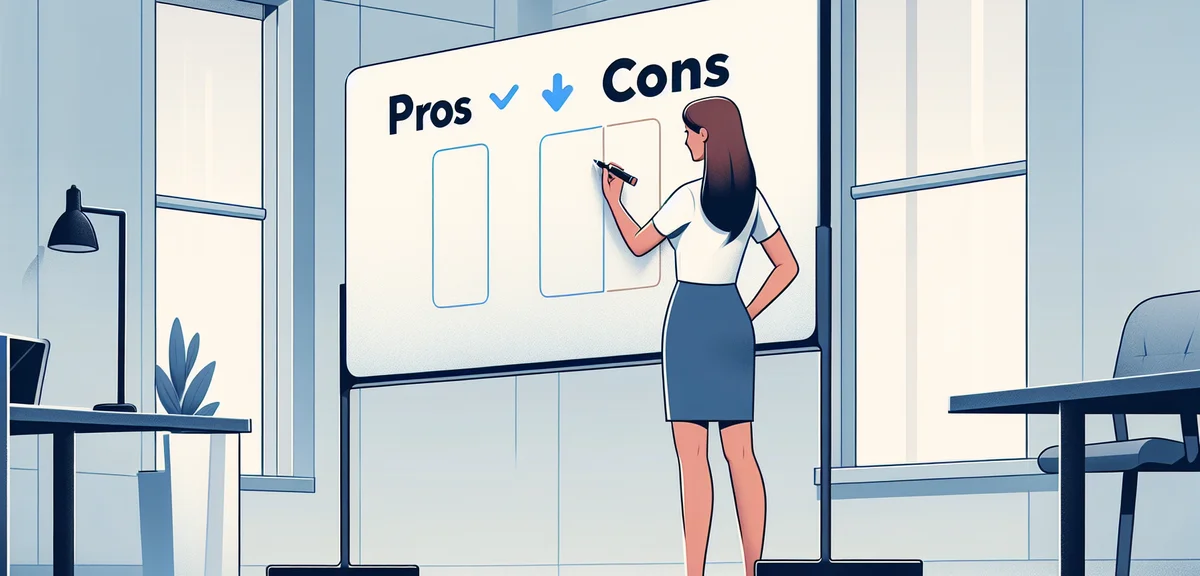A person comparing options on a whiteboard with pros and cons lists, office setting, flat illustrati