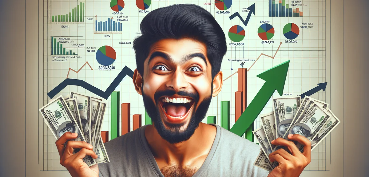 A blogger smiling while looking at growing revenue charts with diverse income sources, cheerful illu