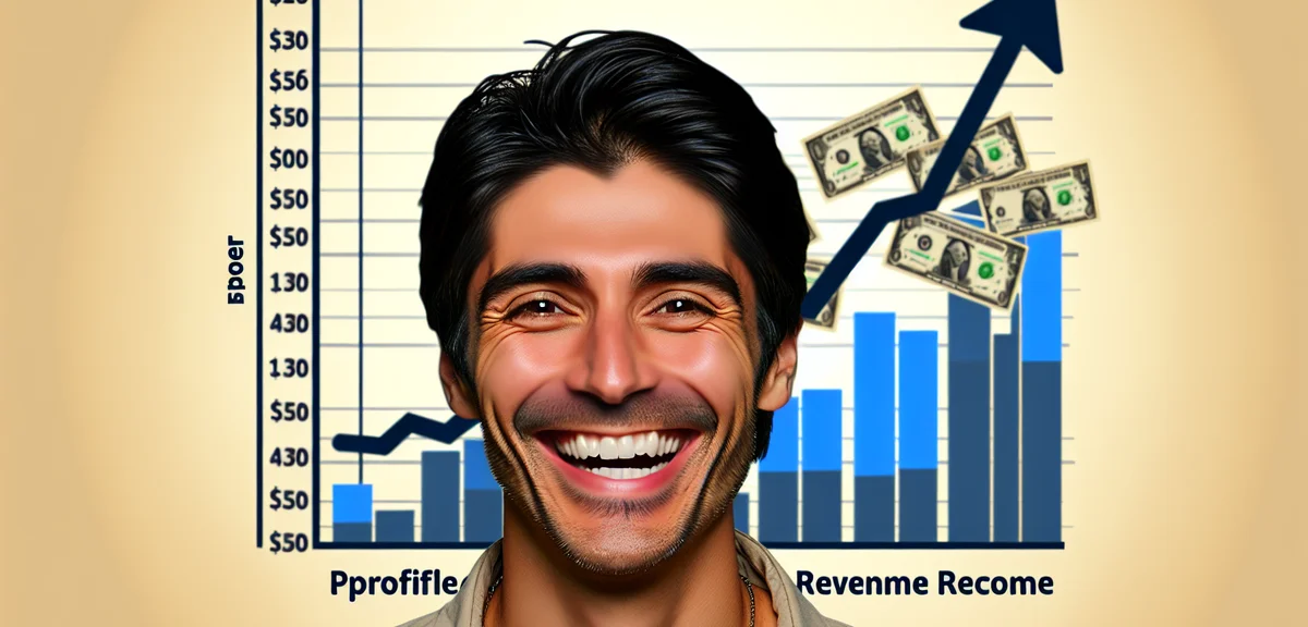 A blogger smiling while looking at growing revenue charts with diverse income sources, cheerful illu