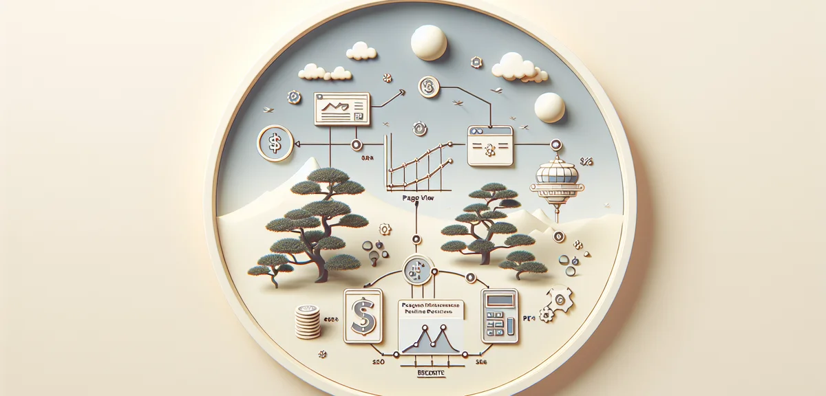 A simple infographic showing the relationship between PV, CPC and revenue, clean design with Japanes