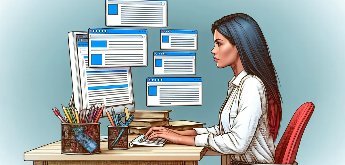 A person writing blog articles at a desk with multiple browser tabs open, focused atmosphere, illust