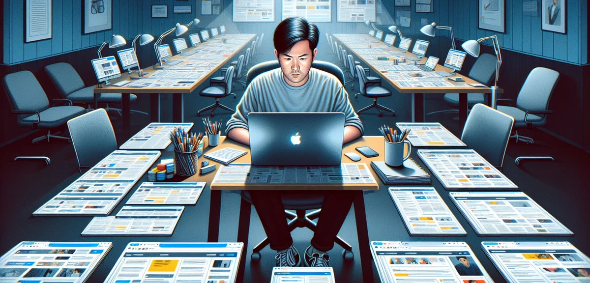 A person writing blog articles at a desk with multiple browser tabs open, focused atmosphere, illust