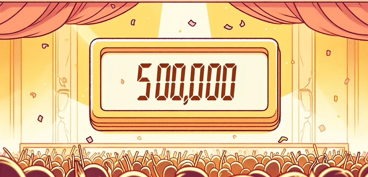 A celebratory scene of achieving 50000 yen goal, digital counter showing numbers, warm and motivatin
