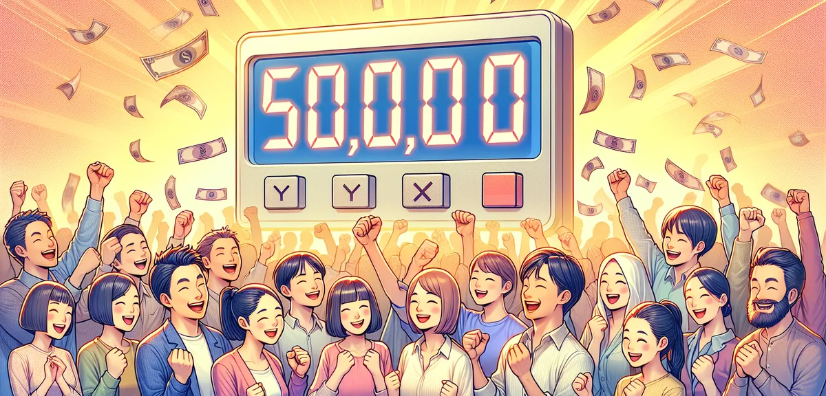 A celebratory scene of achieving 50000 yen goal, digital counter showing numbers, warm and motivatin