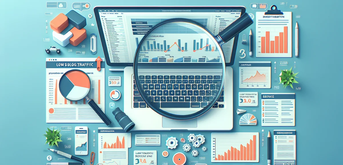 Analytics dashboard showing low blog traffic and revenue charts, magnifying glass examining data, in