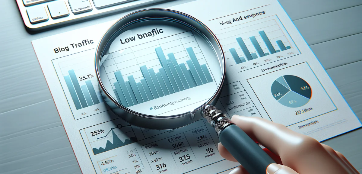 Analytics dashboard showing low blog traffic and revenue charts, magnifying glass examining data, in