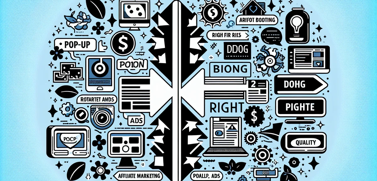 Split screen showing wrong vs right blog monetization strategies, comparison arrows, improvement con