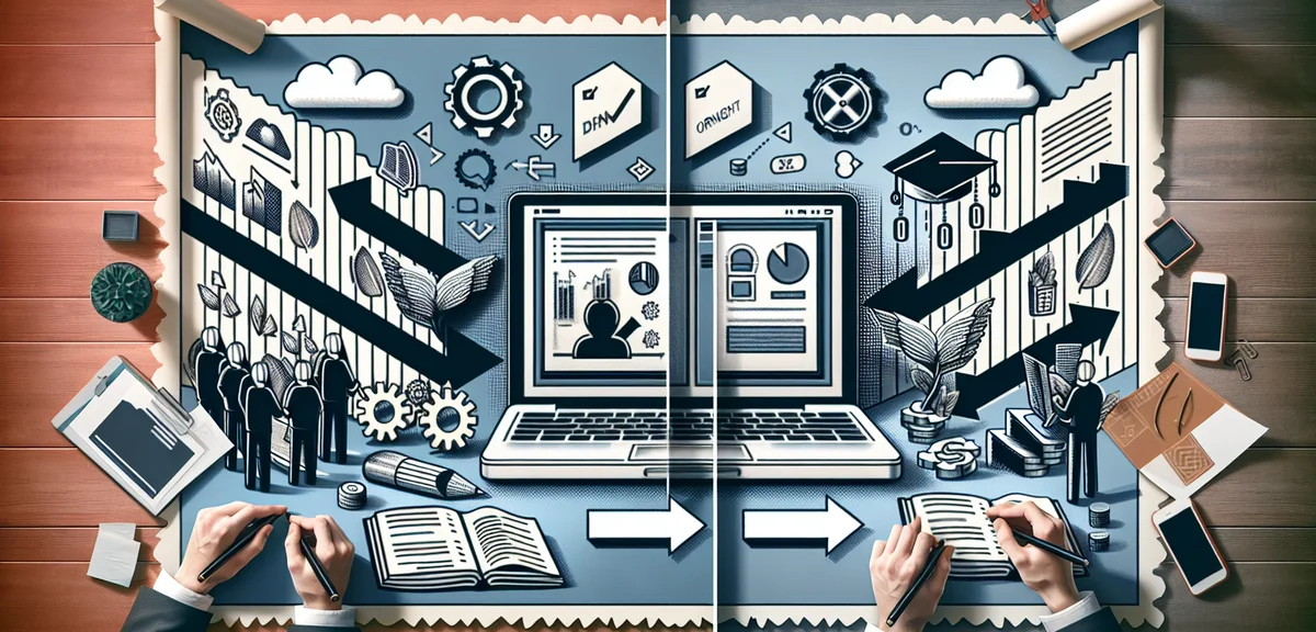 Split screen showing wrong vs right blog monetization strategies, comparison arrows, improvement con
