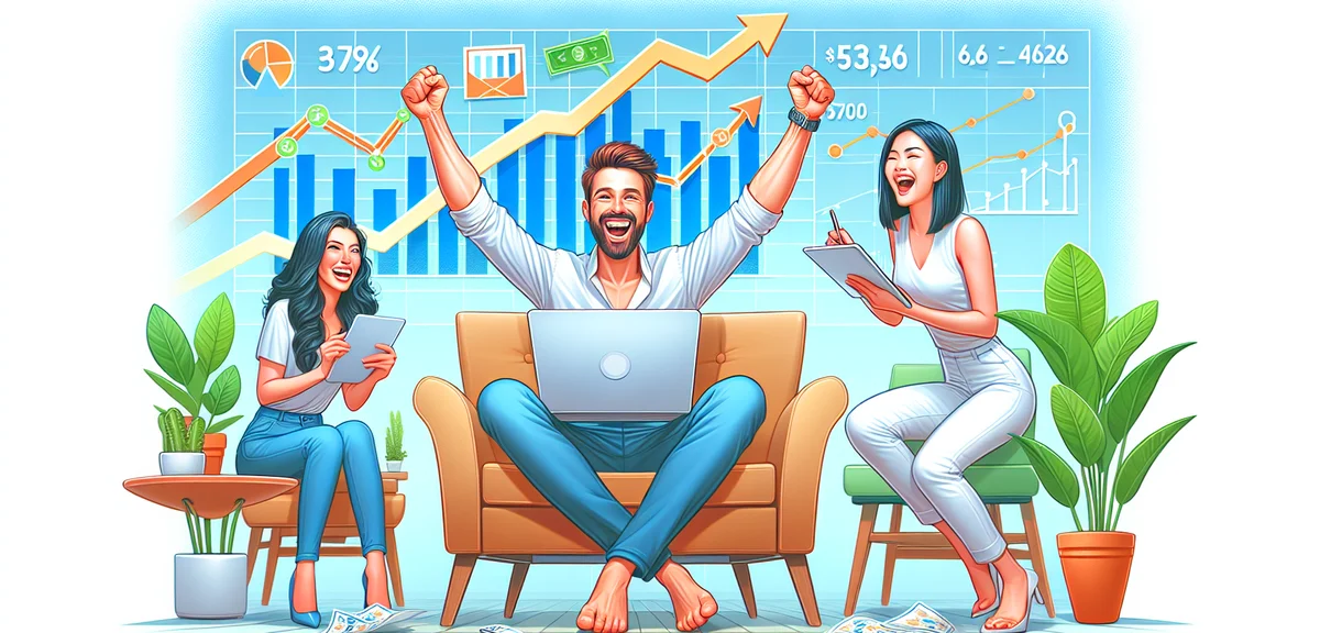 Happy blogger celebrating revenue growth, upward trending graph, success transformation, bright opti