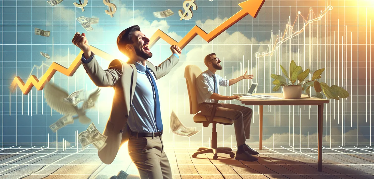 Happy blogger celebrating revenue growth, upward trending graph, success transformation, bright opti