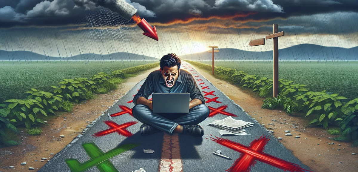 Frustrated blogger receiving rejection email on laptop, dark clouds and rain metaphor, 3 red X marks