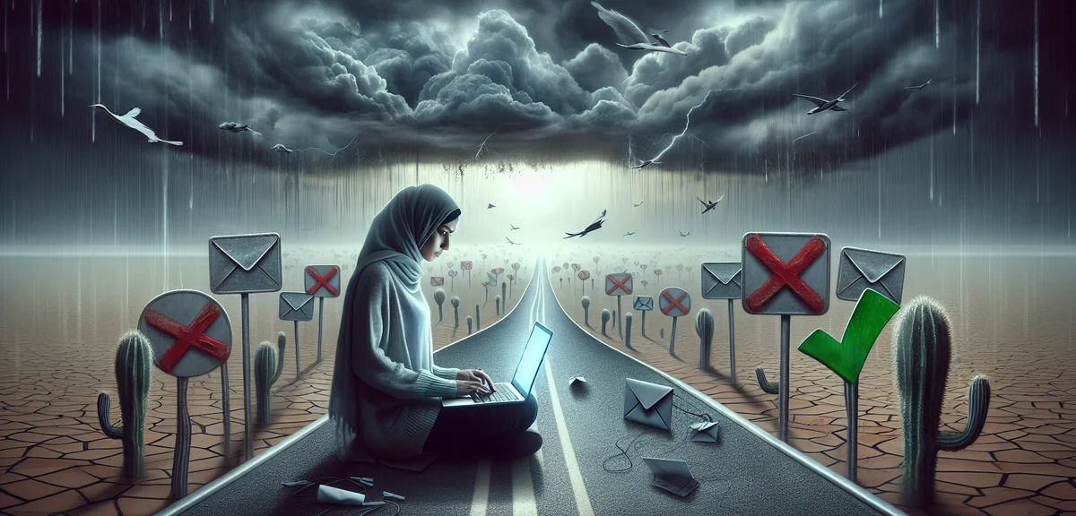 Frustrated blogger receiving rejection email on laptop, dark clouds and rain metaphor, 3 red X marks