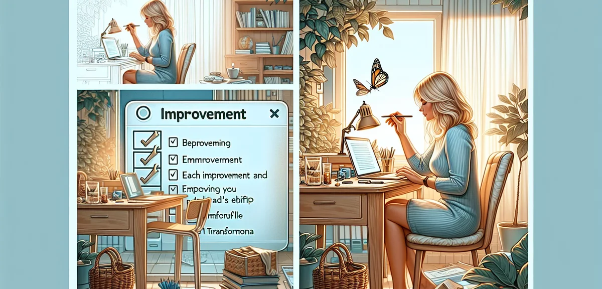 Blogger carefully improving website content, checklist of improvements being ticked off, transformat