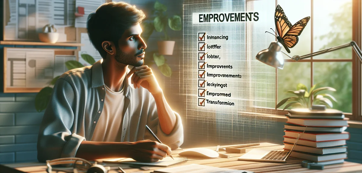 Blogger carefully improving website content, checklist of improvements being ticked off, transformat