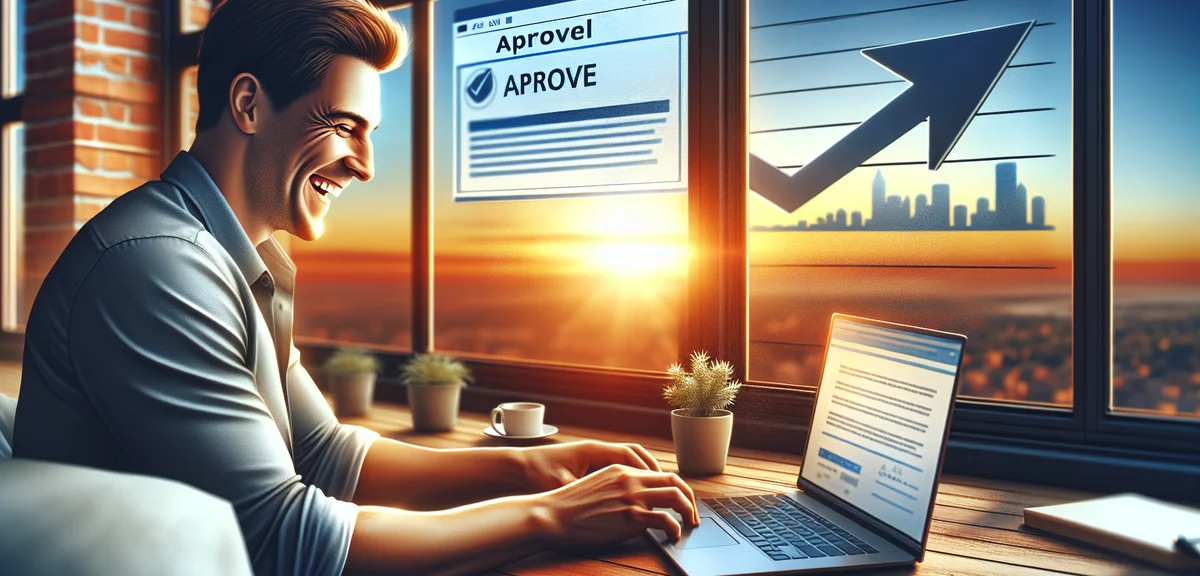Happy blogger seeing AdSense approval email on screen, sunrise and bright future metaphor, growth gr
