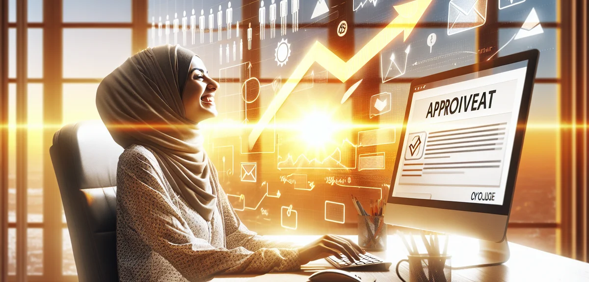 Happy blogger seeing AdSense approval email on screen, sunrise and bright future metaphor, growth gr