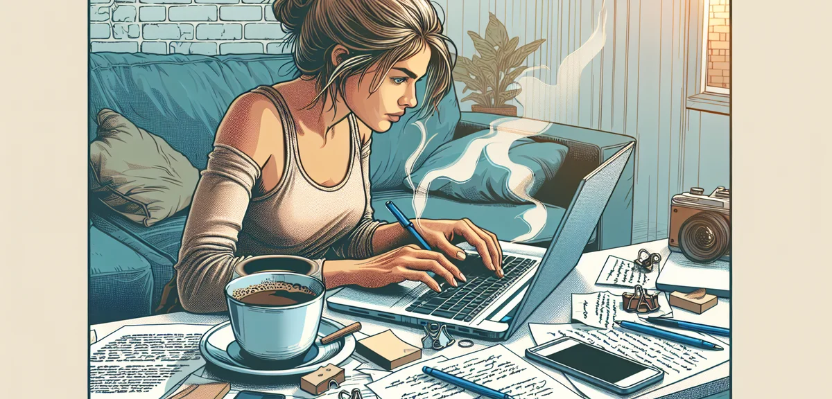 A person writing a high-quality blog article on a laptop, surrounded by notes and coffee, bright hom