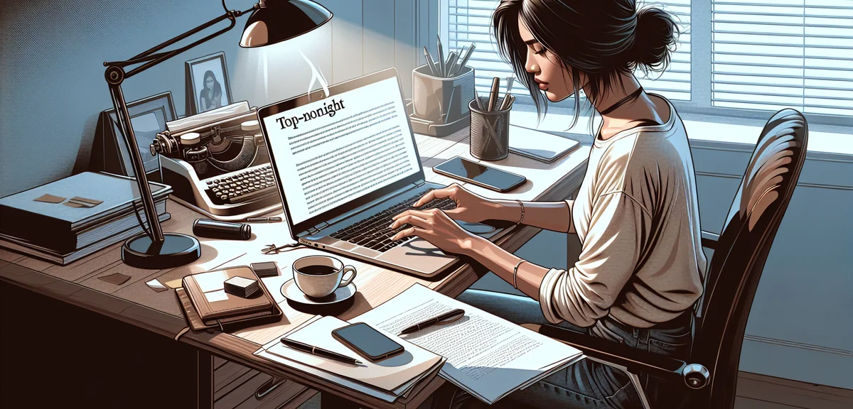 A person writing a high-quality blog article on a laptop, surrounded by notes and coffee, bright hom