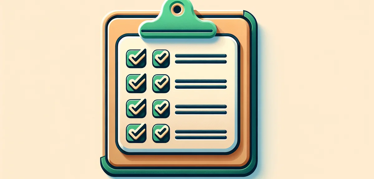 A checklist on a clipboard with green checkmarks, symbolizing blog quality standards, clean flat ill