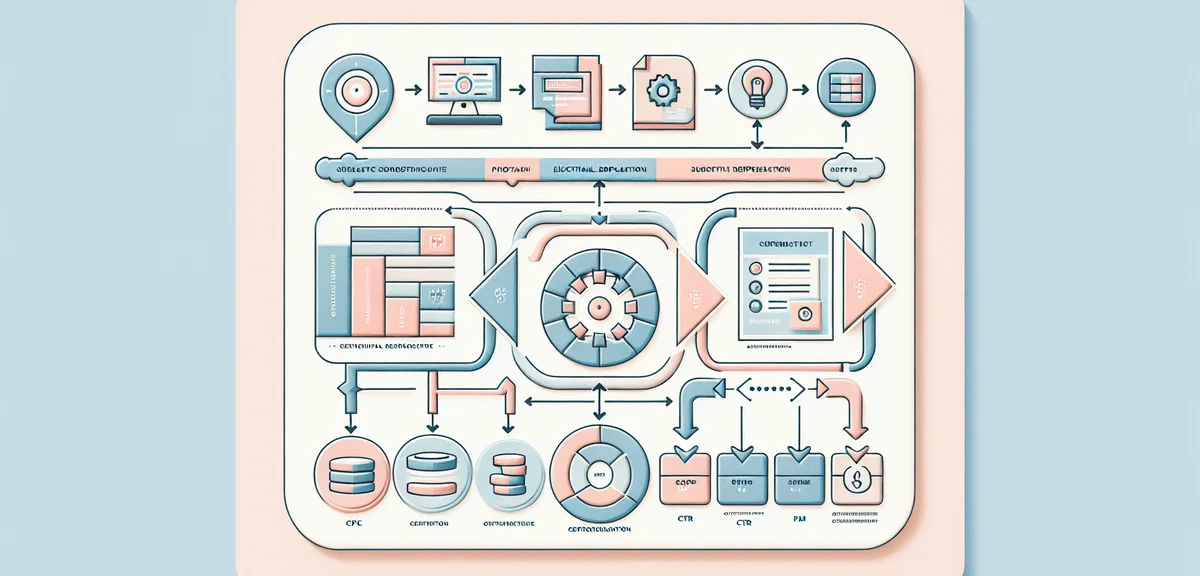 An infographic explaining CPC CTR and RPM concepts with simple icons and arrows, clean educational i