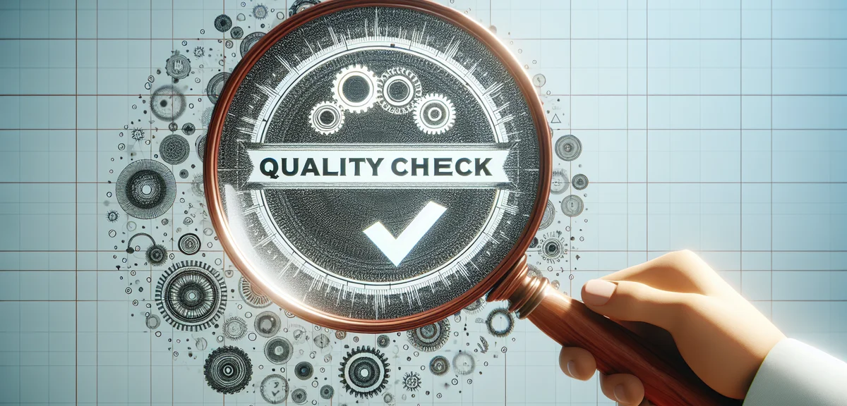 ブログサイトの品質をチェックする虫眼鏡のイラスト、コンテンツ構造とクオリティを分析している様子