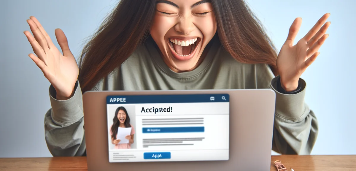 承認通知を受け取って喜ぶ人のイラスト、ノートパソコンに合格の画面が表示されている