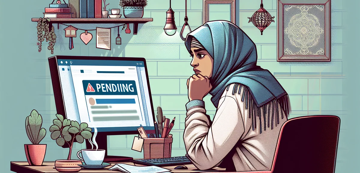 A person looking worried at a computer screen showing a pending status notification, digital illustr