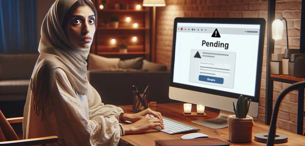 A person looking worried at a computer screen showing a pending status notification, digital illustr