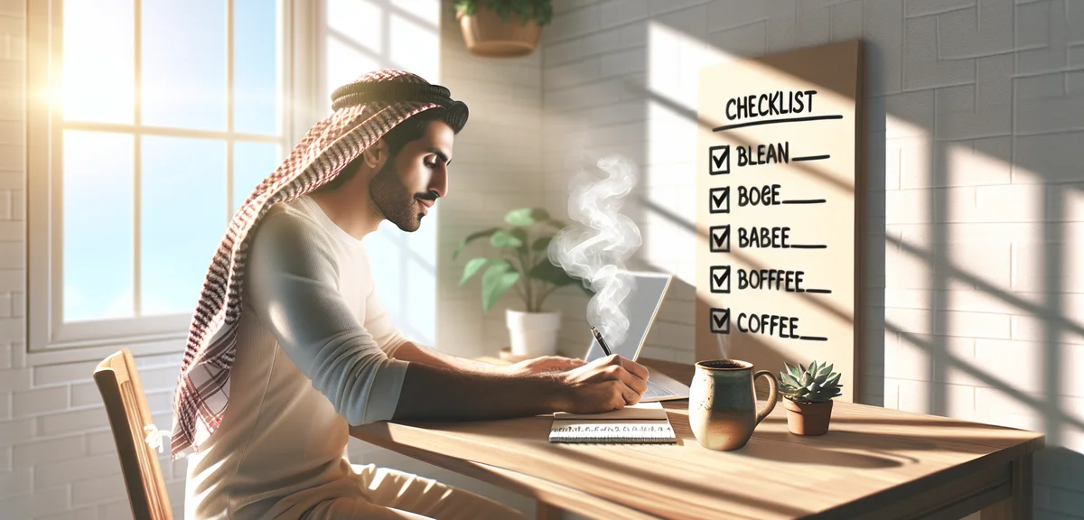 A motivated blogger writing content at a desk with a checklist and coffee, bright and positive atmos