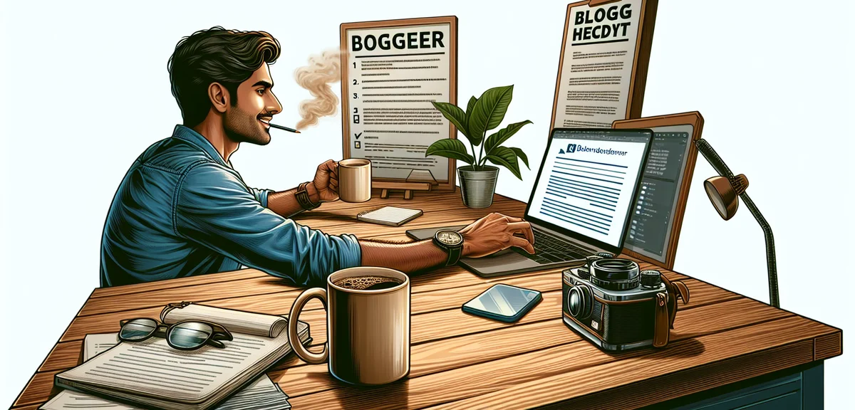 A motivated blogger writing content at a desk with a checklist and coffee, bright and positive atmos