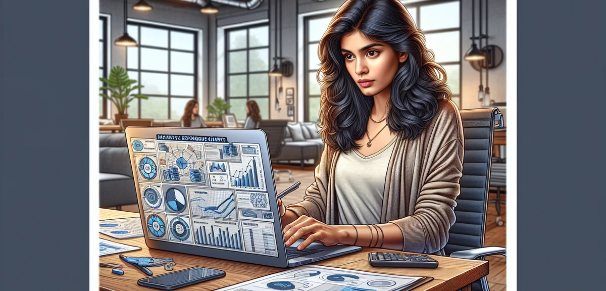 A blogger analyzing revenue charts on a laptop screen, showing different income streams, bright offi