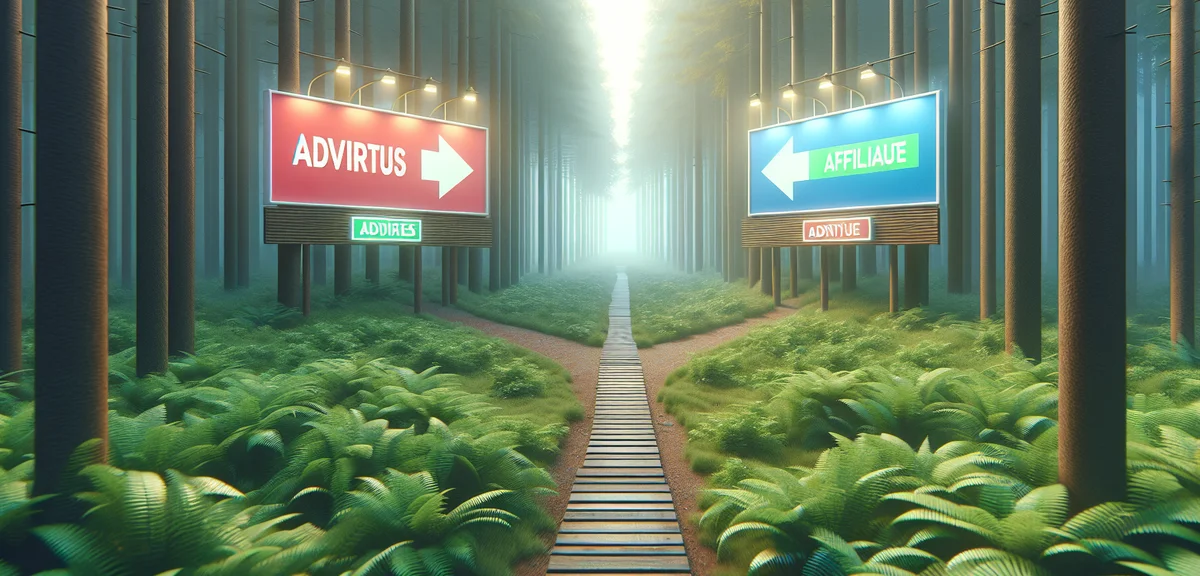 Two paths diverging in a road, one labeled 'ads' and the other 'affiliate', decision-making concept,