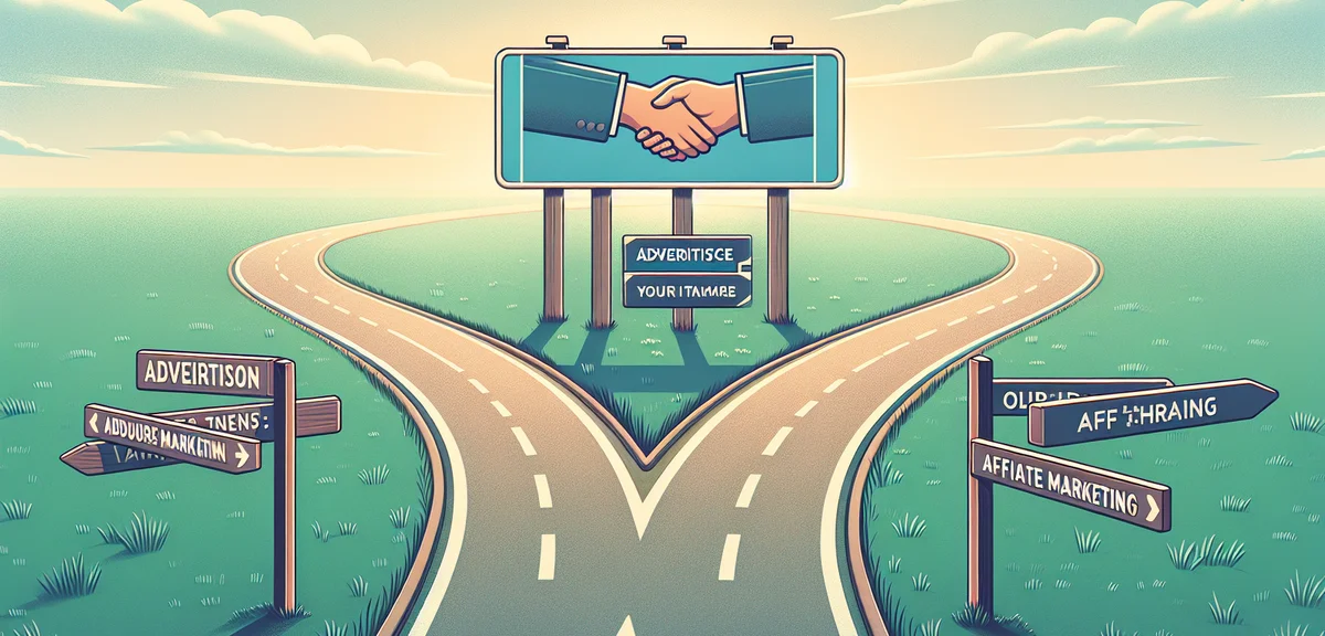 Two paths diverging in a road, one labeled 'ads' and the other 'affiliate', decision-making concept,