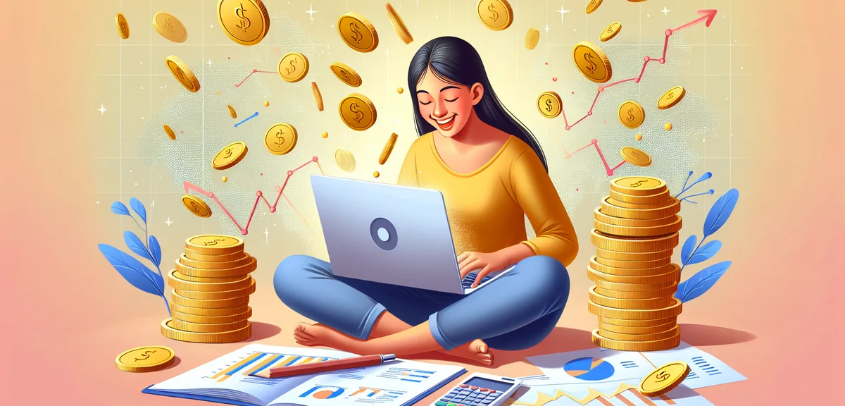A person happily managing multiple income streams on a laptop, coins and growth charts floating arou