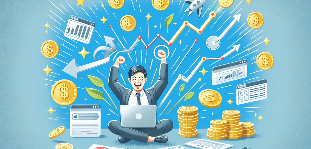 A person happily managing multiple income streams on a laptop, coins and growth charts floating arou