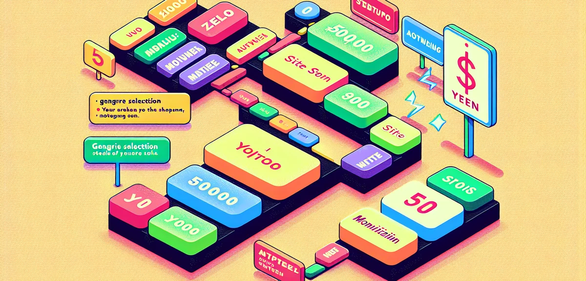 An illustrated roadmap showing stepping stones from zero to 50000 yen goal, each stone labeled with