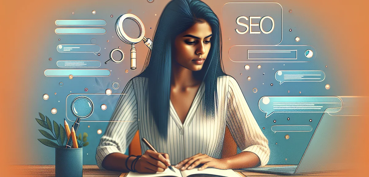 A person writing blog articles at a desk with floating keyword and SEO icons around them, digital il