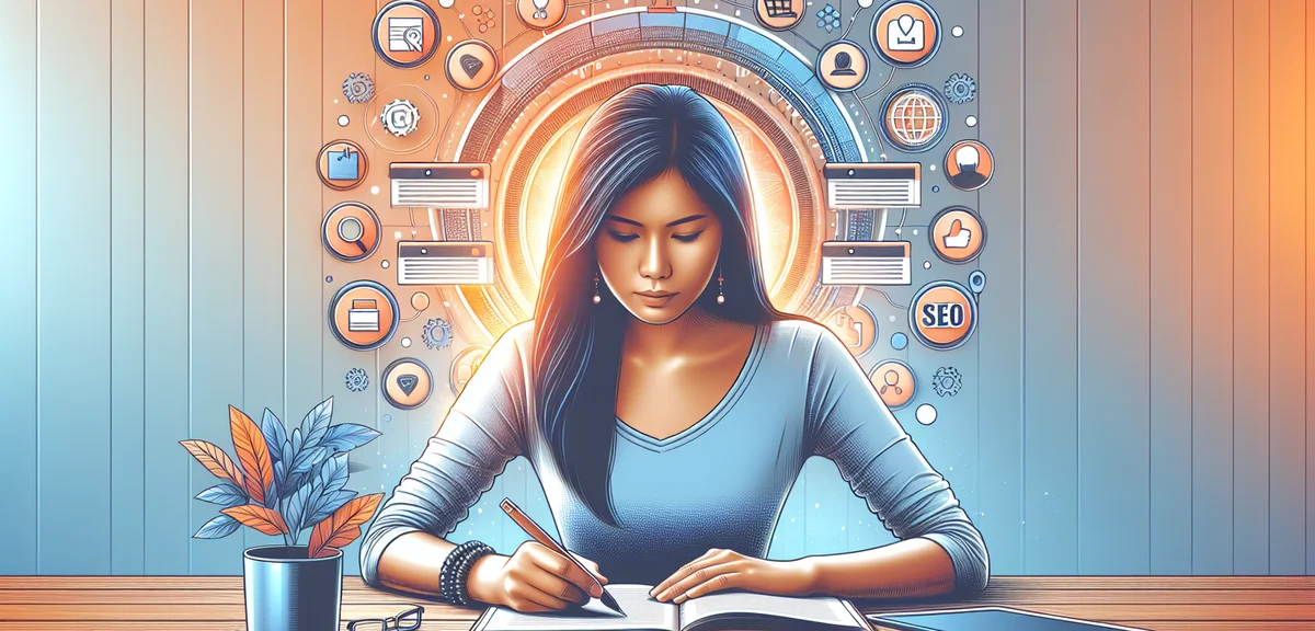 A person writing blog articles at a desk with floating keyword and SEO icons around them, digital il