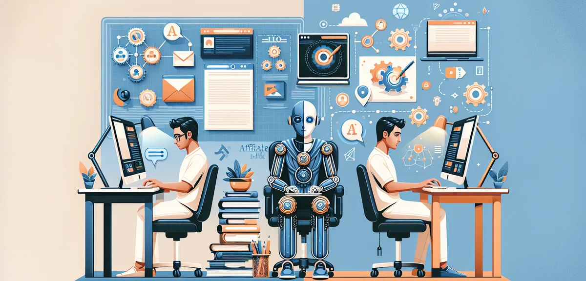 A comparison illustration showing manual content creation versus AI-assisted content creation for af
